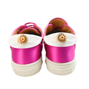 Pink satin Aquazzura LA Sneakers back view with gold sun heel details.
