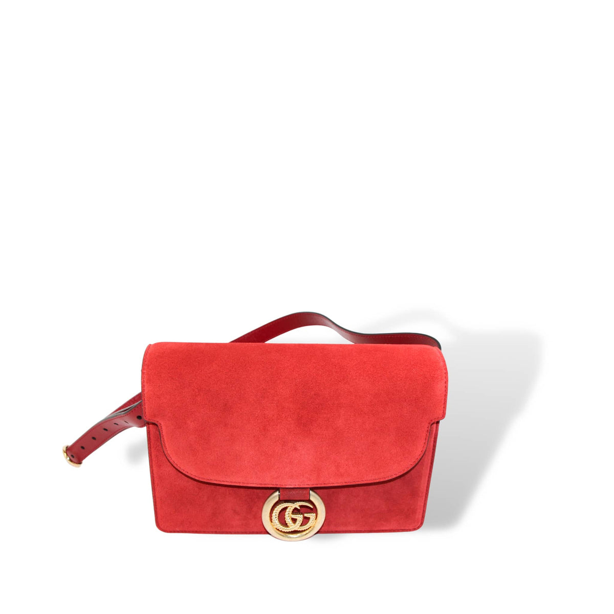 Studio front view of the structured Gucci GG Ring red suede bag, showcasing its vintage-inspired luxury silhouette.