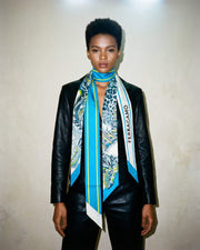Slim Ferragamo silk bandeau scarf featuring cheetah print design and tapered ends.