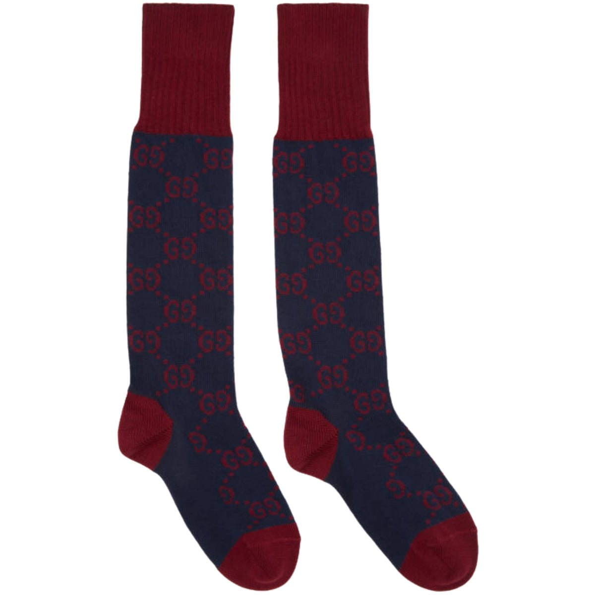 Pair of Gucci navy blue and red intarsia knit long socks displayed side-by-side showcasing the contrast cuff and toe construction.