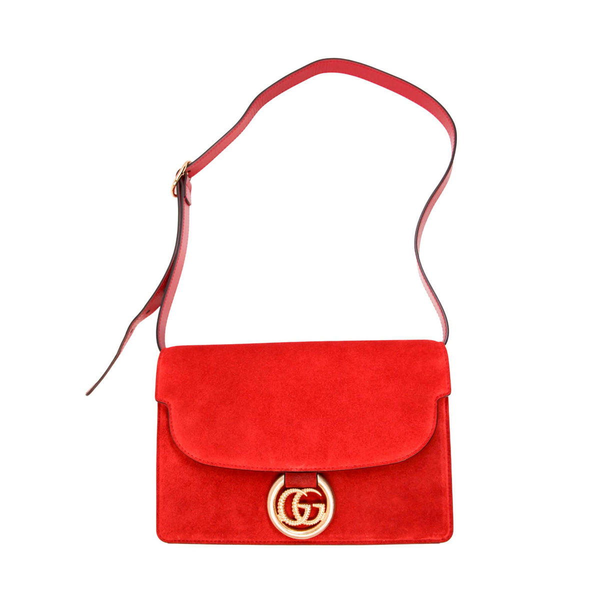 Full-length view of the Gucci GG Ring red suede handbag, showcasing the matching red leather shoulder strap.