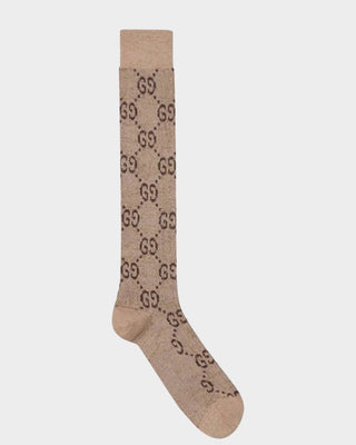 Gucci lamé GG socks in beige and dark brown front view luxury designer socks buy in South Africa