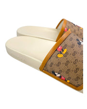 Close-up of Gucci x Mickey Mouse slides showing Mickey Mouse graphic and logo