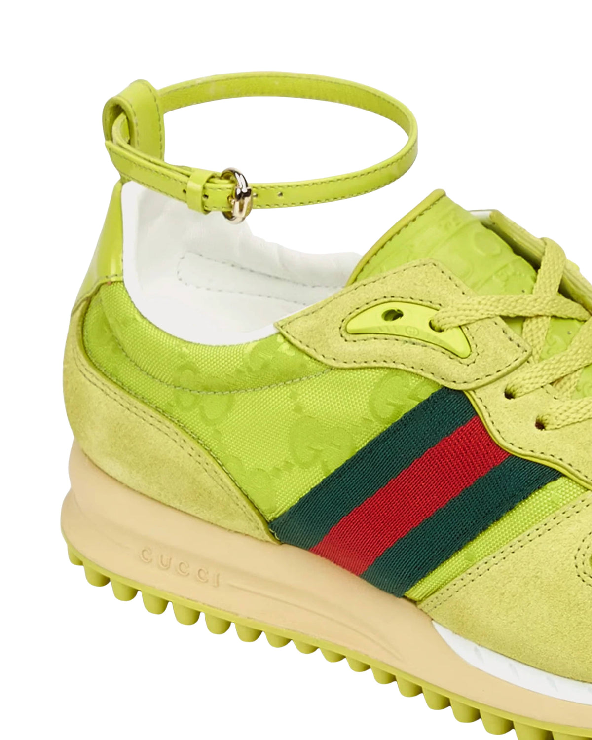 Ankle strap design of Gucci Re-Motion pistachio sneakers