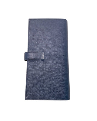 Back view of Hermès Bearn Soufflet wallet in blue indigo slim leather design
