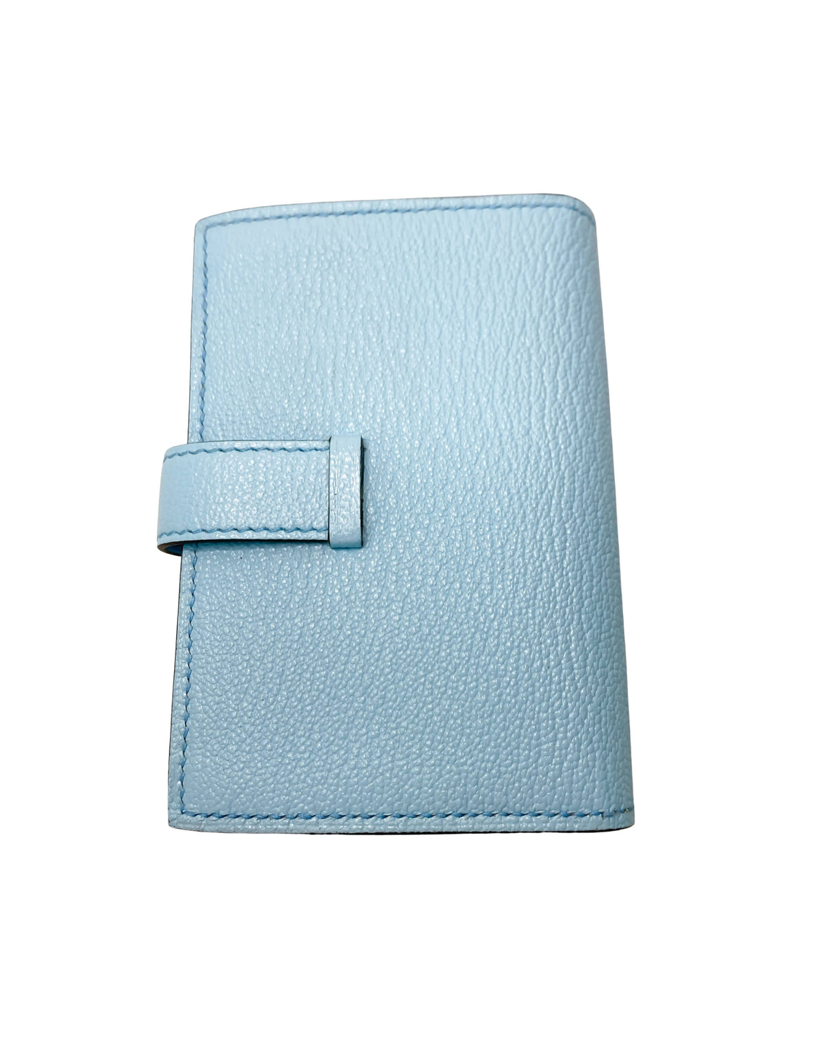 Rear view of Hermès Bearn Small Wallet in Blue Zephyr showcasing sleek leather back panel and precise fine stitching.