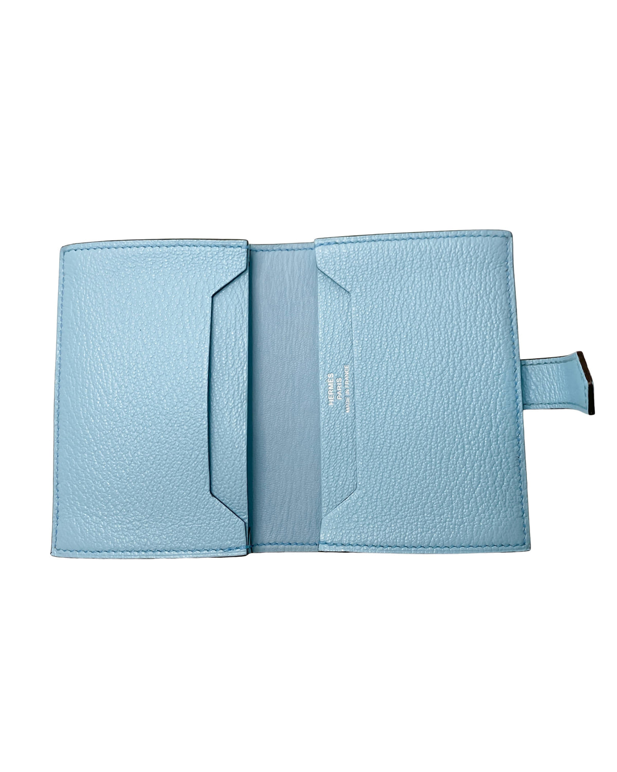 Open interior layout view of Hermès Bearn Small Wallet in Blue Zephyr displaying card slots and inner bill compartments.