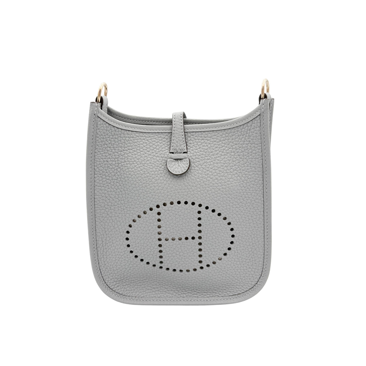Front view of Hermès Evelyne Amazone 16 handbag in Gris Patin grey displaying the classic perforated H design and compact silhouette.