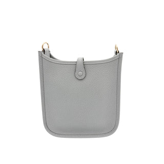 Back view of Hermès Evelyne Amazone 16 in Gris Patin showing smooth Clemence leather and refined stitching