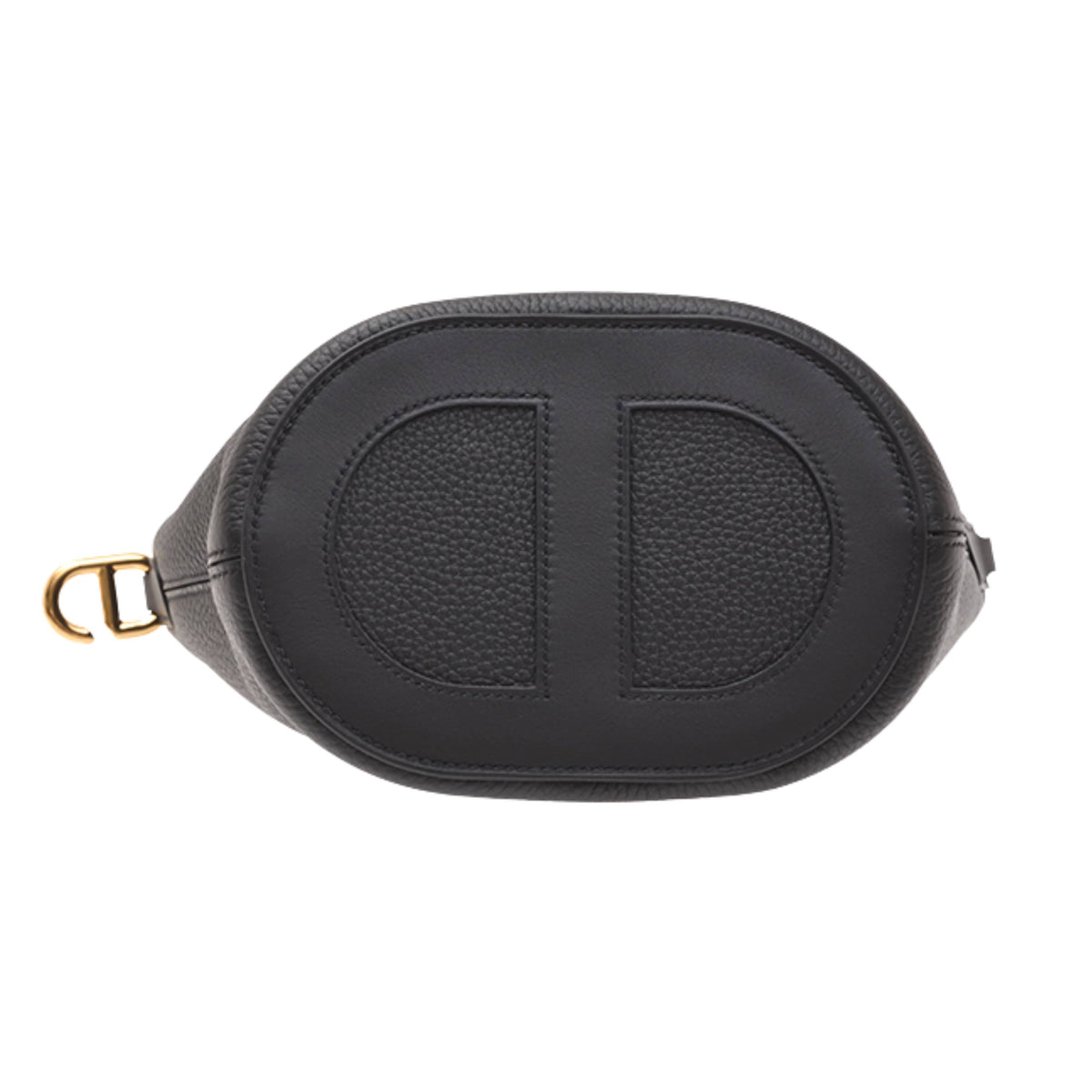 Bottom base view of Hermès In-the-Loop 18 compact bucket bag highlighting the distinctive oval leather base stitching detail.