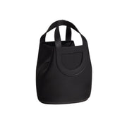 Direct front view of Hermès In-the-Loop 18 black Clemence leather bucket bag showing dual top handles and contrast leather piping.