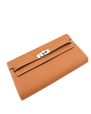 Hermès Kelly-To-Go Gold Epsom crossbody wallet featuring detachable strap and polished palladium hardware