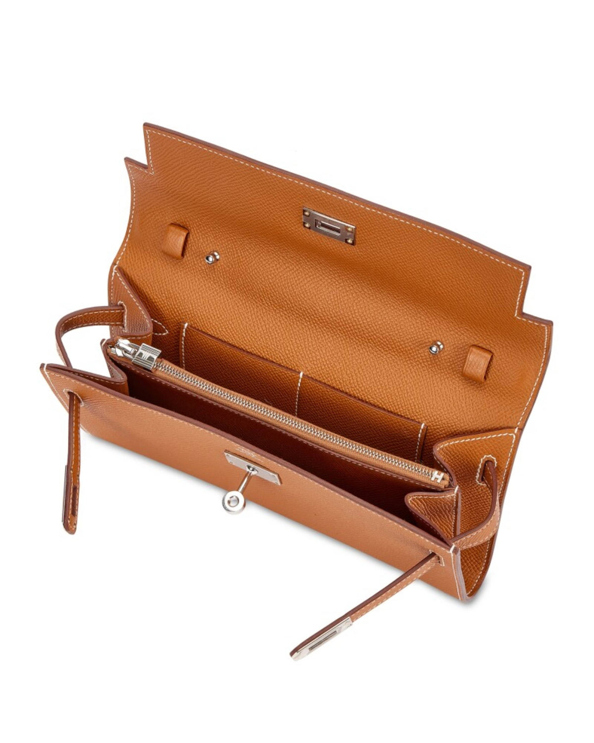 Open interior layout view of Hermès Kelly-To-Go wallet in Gold Epsom showing credit card slots, bill compartment, and zip pocket.