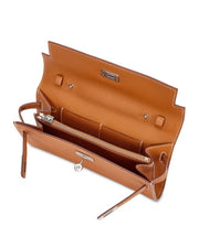 Open interior layout view of Hermès Kelly-To-Go wallet in Gold Epsom showing credit card slots, bill compartment, and zip pocket.