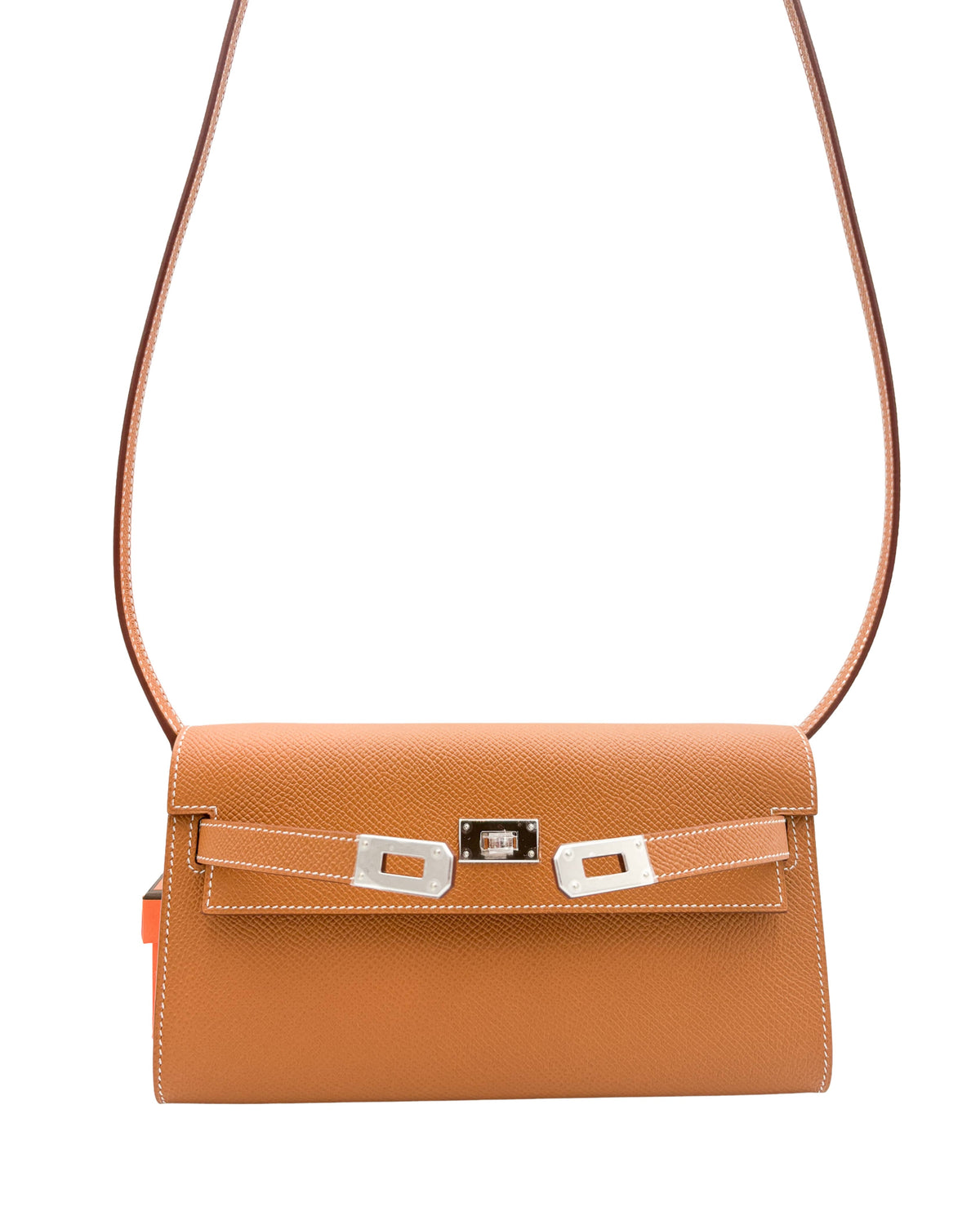 Front view of Hermès Kelly-To-Go wallet in Gold Epsom leather with structured silhouette and palladium clasp