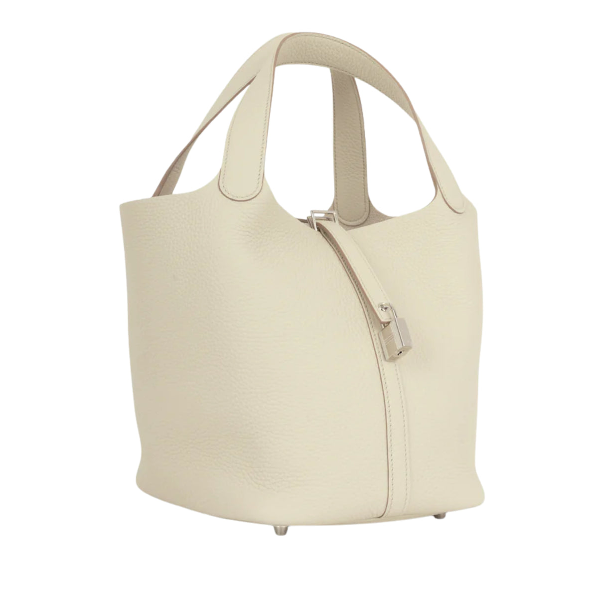 Three-quarter view of Hermès Picotin Lock 22 bag in Beton Clemence leather showing its soft, structured bucket silhouette.