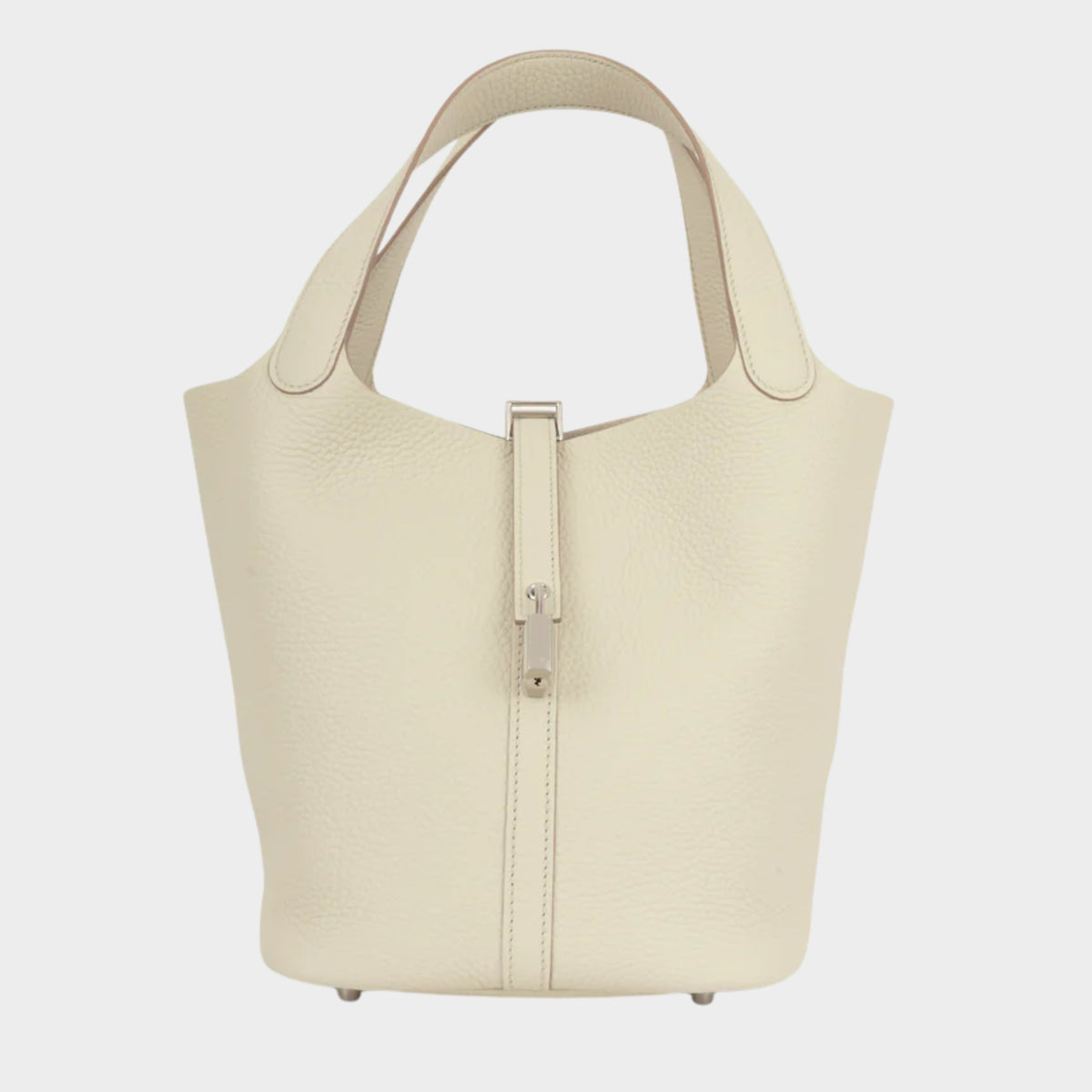 Front view of Hermès Picotin Lock 22 bucket bag in light grey Beton Clemence leather with dual top handles and palladium hardware.