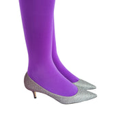 Jimmy Choo Aza 30 plum to gunmetal ombre heels styled on foot
