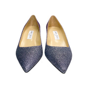 Side view of Jimmy Choo Aza 30 low heel pumps in plum gunmetal degrade