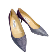 Three quarter view of Jimmy Choo Aza 30 plum gunmetal luxury kitten heels