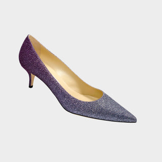 Jimmy Choo Aza 30 in plum gunmetal degradé front view luxury designer kitten heel