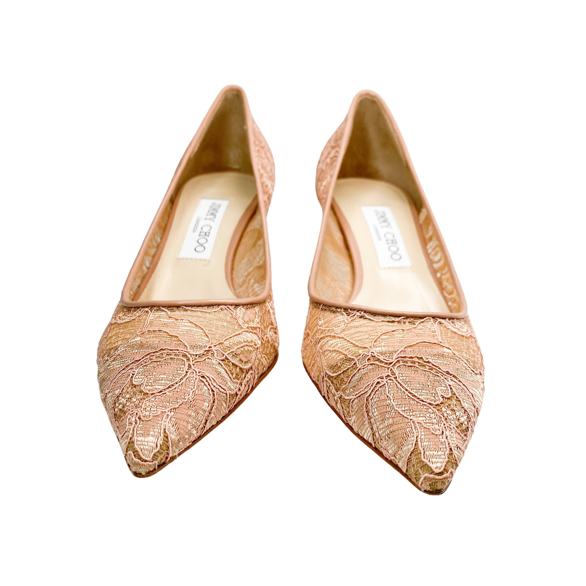 Jimmy Choo Aza 30 kitten heels in powder pink lace front view luxury designer shoes