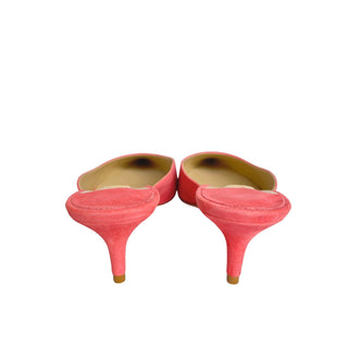 Back view of Jimmy Choo Dovey 50 Pink Suede Mules featuring sculpted kitten heel and smooth suede texture