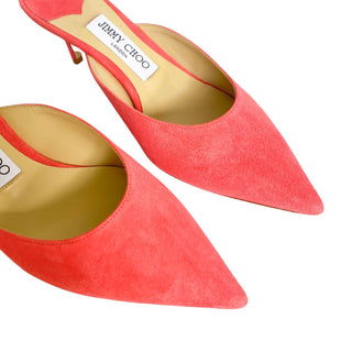 Close-up of Jimmy Choo Dovey 50 Pink Suede Mules focusing on luxury suede material and refined craftsmanship