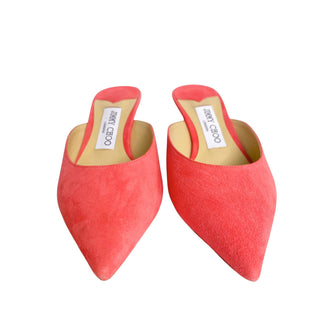 Front shot of Jimmy Choo Dovey 50 Pink Suede Mules styled for an elegant, feminine look