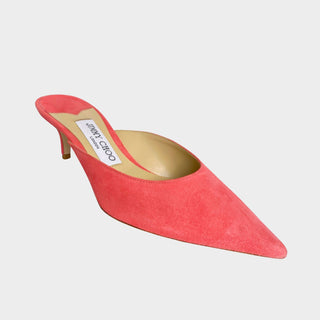 Front angle of Jimmy Choo Dovey 50 Pink Suede Mules highlighting pointed toe and feminine silhouette