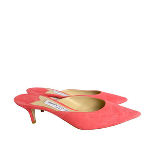 Side view of Jimmy Choo Dovey 50 Pink Suede Mules 
