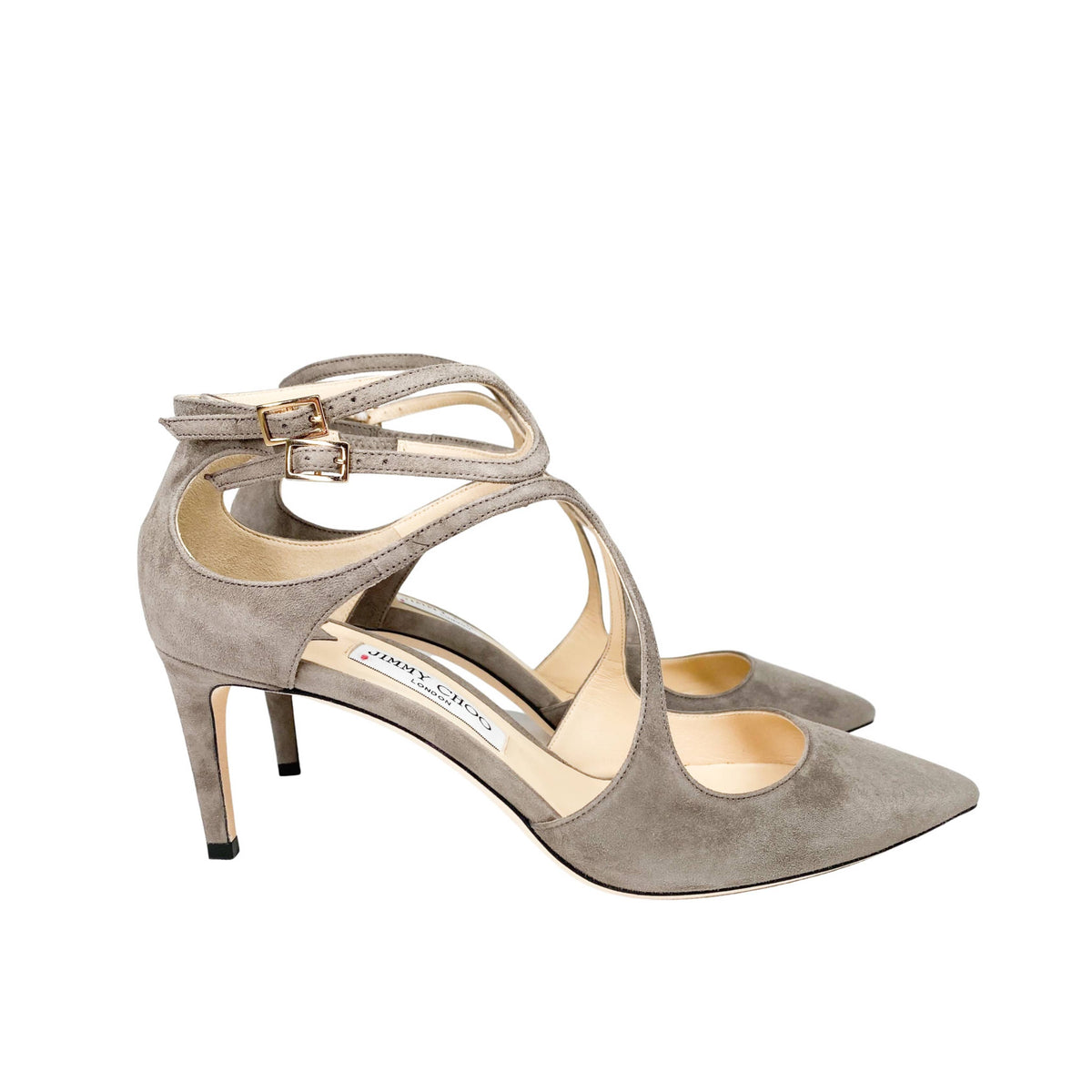 Jimmy Choo Lancer 65 in grey suede side view luxury designer heels