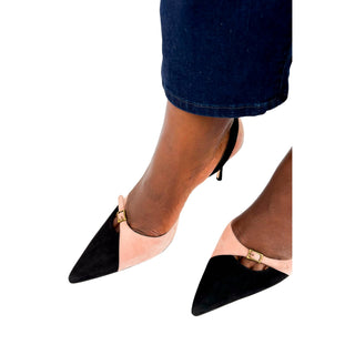 Manolo Blahnik Fenco 70  luxury designer mid heel sling-back heels worn by model