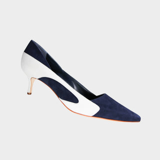 Manolo Blahnik Mandogal 50 navy and light blue suede kitten heels luxury designer shoes