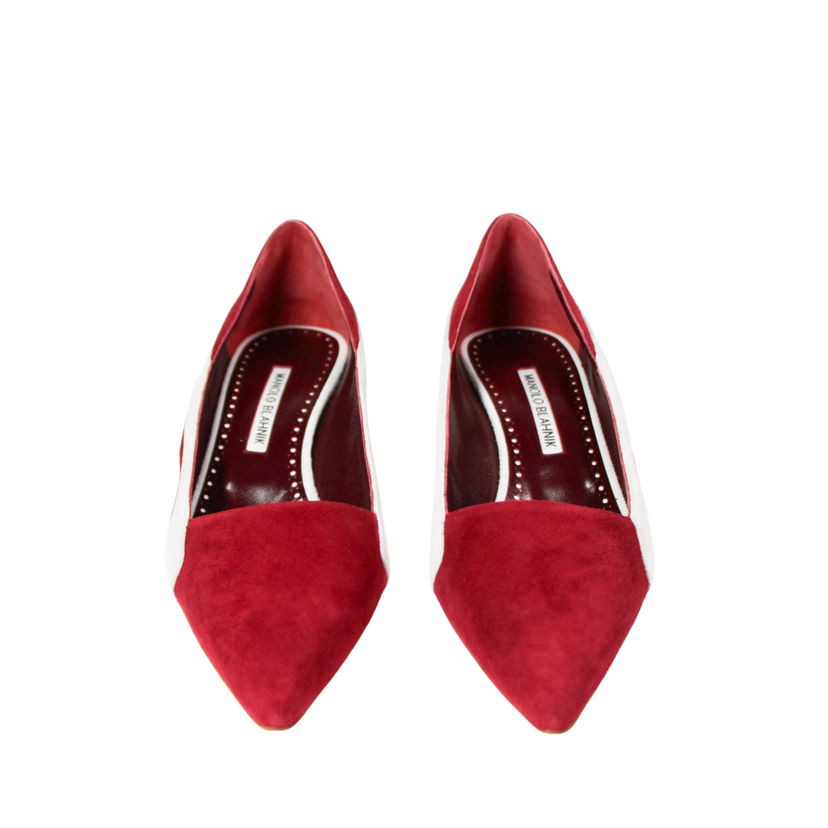 Manolo Blahnik Mandogal 50 red white suede kitten heels elegant luxury footwear for women