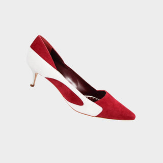 Manolo Blahnik Mandogal 50 red and white suede kitten heels luxury designer shoes