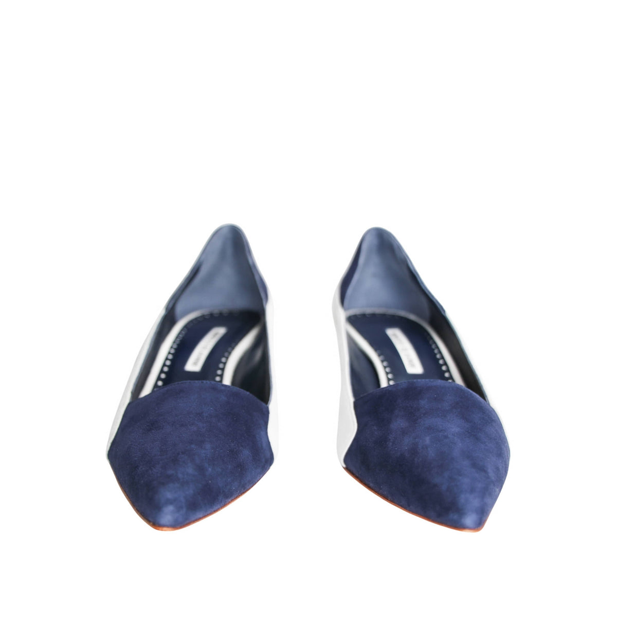 Manolo Blahnik Mandogal 50 navy and light blue suede kitten heels available at Glamorizta South Africa