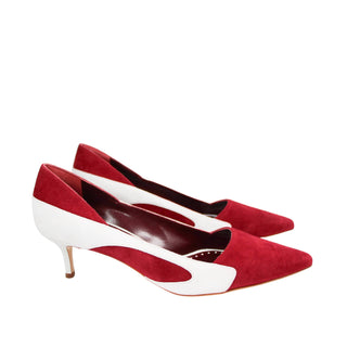 Manolo Blahnik Mandogal kitten heels in red and white suede designer shoes South Africa