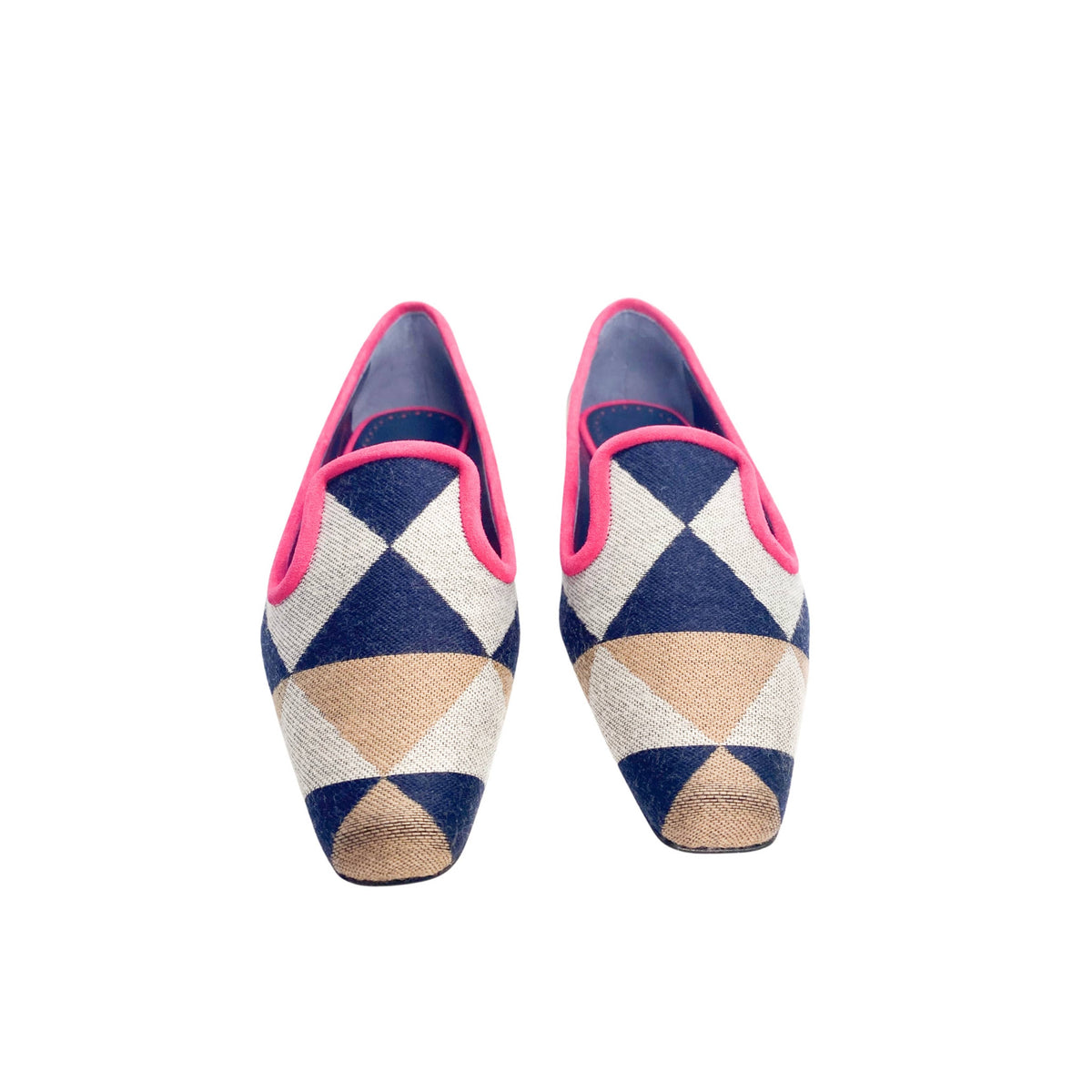Front view of the Manolo Blahnik Maribel 10 geometric print pointed-toe flats highlighting the sleek silhouette.