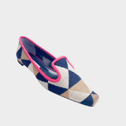 Manolo Blahnik Maribel 10 flat shoes featuring a blue, white, and pink checkered geometric fabric pattern.