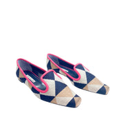 Top-down studio view of the Manolo Blahnik Maribel 10 checkered luxury designer flats showing the pointed toe and leather lining.