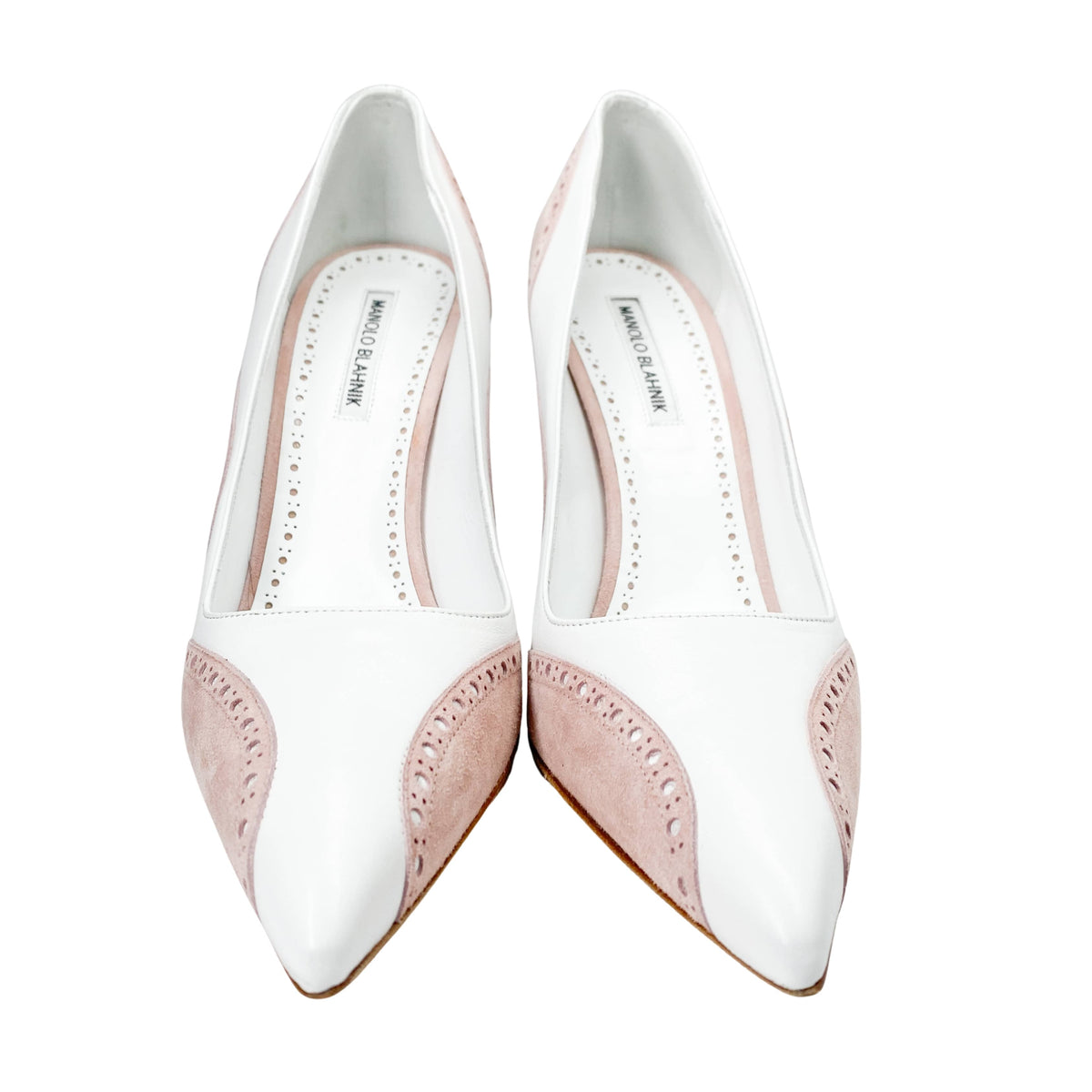 Front view of a pair of Manolo Blahnik Minisia white luxury designer high heels highlighting the brilliant crystal embellishments.