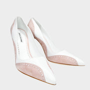 Manolo Blahnik Minisia 105 white pumps featuring a crystal jeweled buckle and an elegant pointed toe profile, luxury designer high heels buy in South Africa