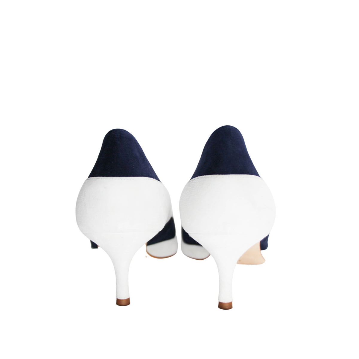 Manolo Blahnik Mandogal 50 suede kitten heels in navy and light blue luxury designer footwear
