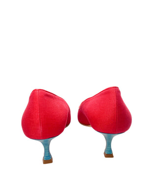 Manolo Blahnik Pongsa 40 back view luxury designer heels in red with blue accents