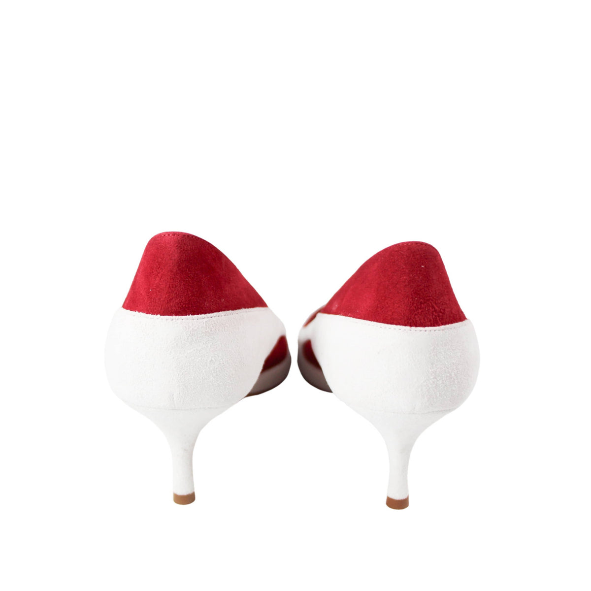 Manolo Blahnik Mandogal 50 red and white suede kitten heels available at Glamorizta South Africa