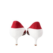 Manolo Blahnik Mandogal 50 red and white suede kitten heels available at Glamorizta South Africa