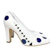 Side view of Manolo Blahnik Sidonia heels with sleek almond toe silhouette