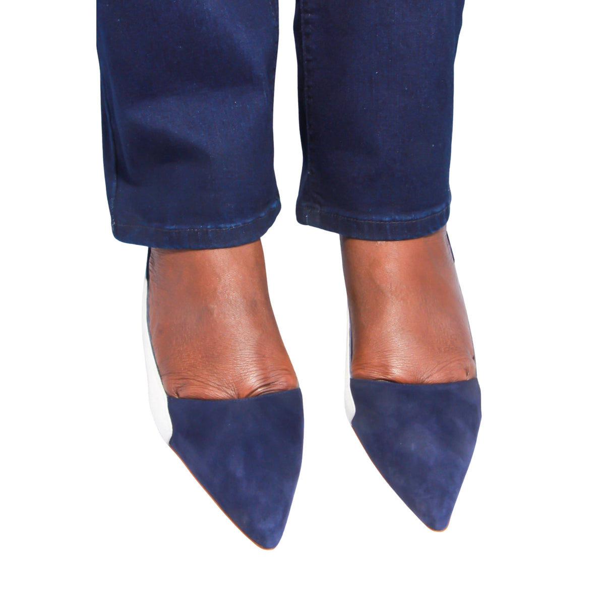 Manolo Blahnik Mandogal 50 suede kitten heels in navy and light blue elegant luxury footwear