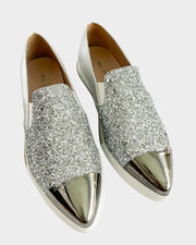 Miu Miu slip-on sneakers pointed toe with silver sparkle and metal toe cap front view